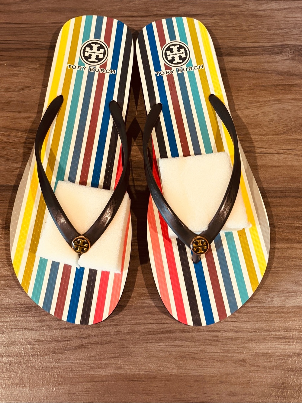 Tory Burch Multicolor Stripe Flip Flops NavyStraps Gold Logo Summer Spring Pool